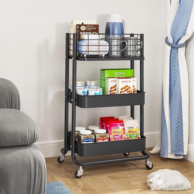KINGRACK 3 Tier Rolling Cart, Metal Mobile Storage Shelf - Image 5