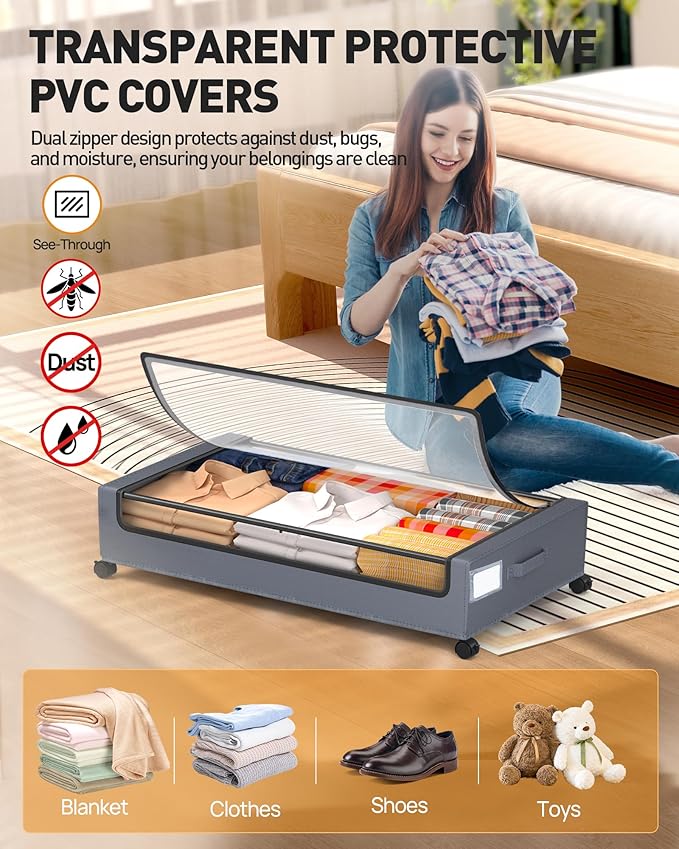 Under Bed Storage with Wheels, Square Under Bed Storage Containers, 60L Under - Image 5