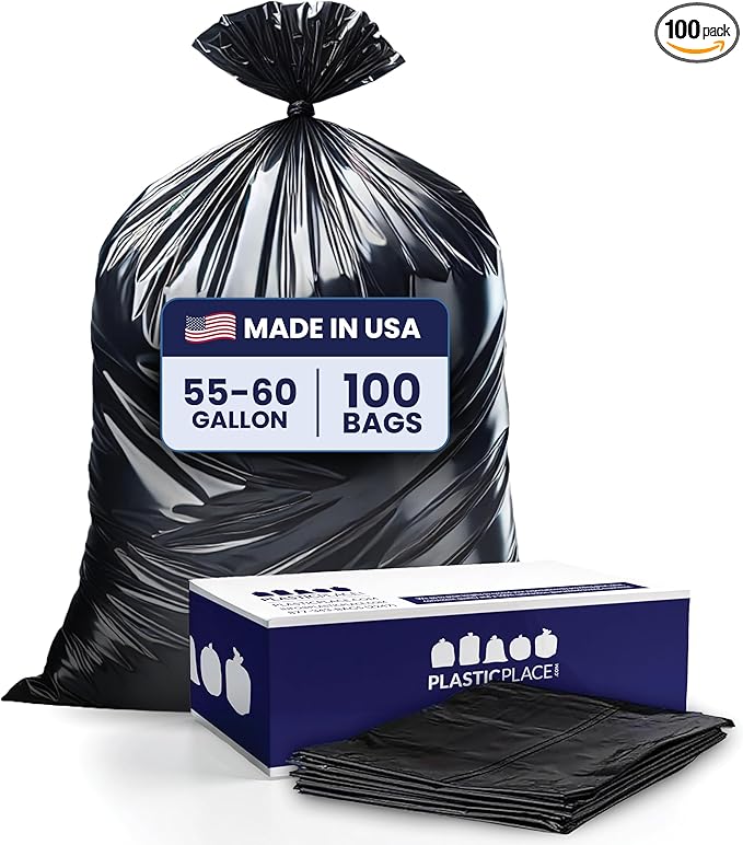 Plasticplace 55-60 Gallon Trash Bags │ 1.5 Mil │ Black Heavy Duty Garbage Can by Plasticplace