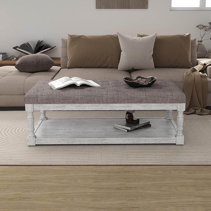48" Large Ottoman with Storage Coffee Table, Upholstered Tufted Linen Ottoman - Image 7