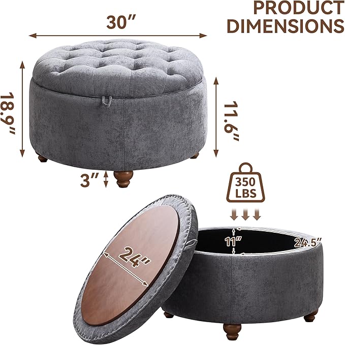 30Inch Round Storage Ottoman - Image 2