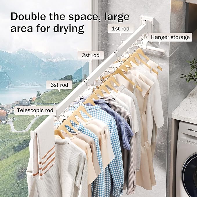 Drying Rack, Wall Mounted Clothes Rack, 220lbs Capacity - Image 5