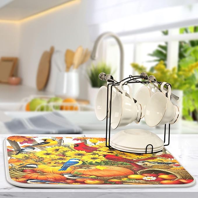 Fall Birds Dish Drying Mat for Kitchen Countertop 16x18 Autumn Pumpkin - Image 5