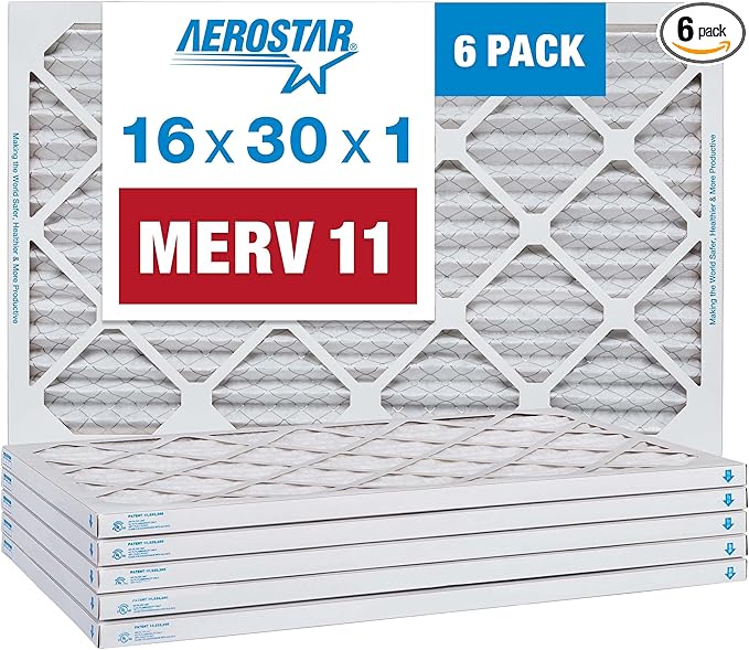 Aerostar 16x30x1 MERV 11 Pleated Air Filter, AC Furnace Air Filter, 6 Pack by AirFiltersDelivered