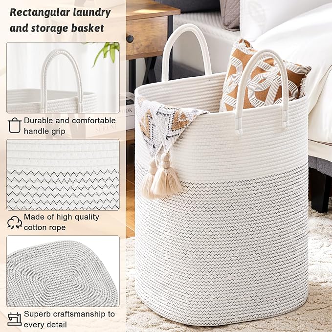 Laundry Basket, Woven Cotton Rope Laundry Hamper, Versatile Storage - Image 2