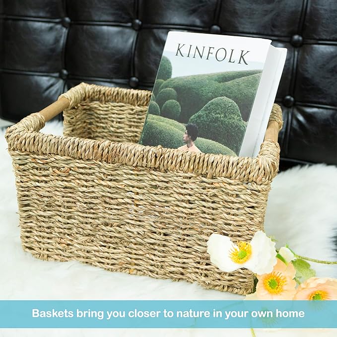 Natural Seagrass Basket with Wooden Handle, Medium Rectuangular Wicker Basket - Image 7