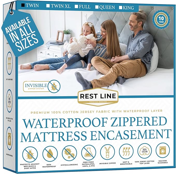 Twin Size 39x75” Premium Waterproof Zippered Mattress Encasement, 100% Cotton by RestLine