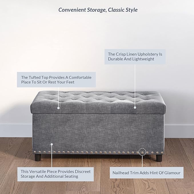 BELLEZE 35" Tufted Ottoman, Storage Bench - Image 3