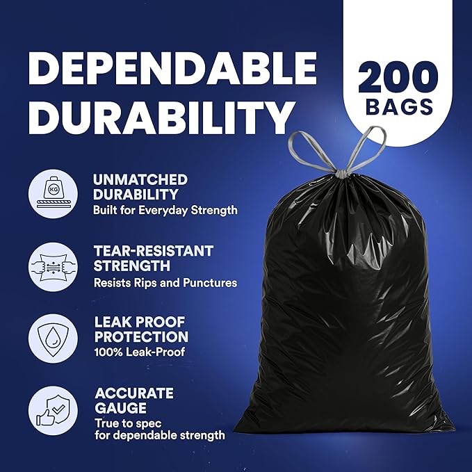 Plasticplace 13 gallon Extra Tall Drawstring Kitchen Trash Bags | Black 1.2 Mil - Image 4