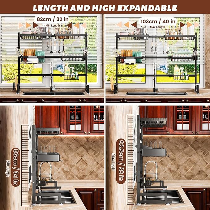 3-Tier Over Sink Dish Draining Rack, Adjustable Width and Height, - Image 3