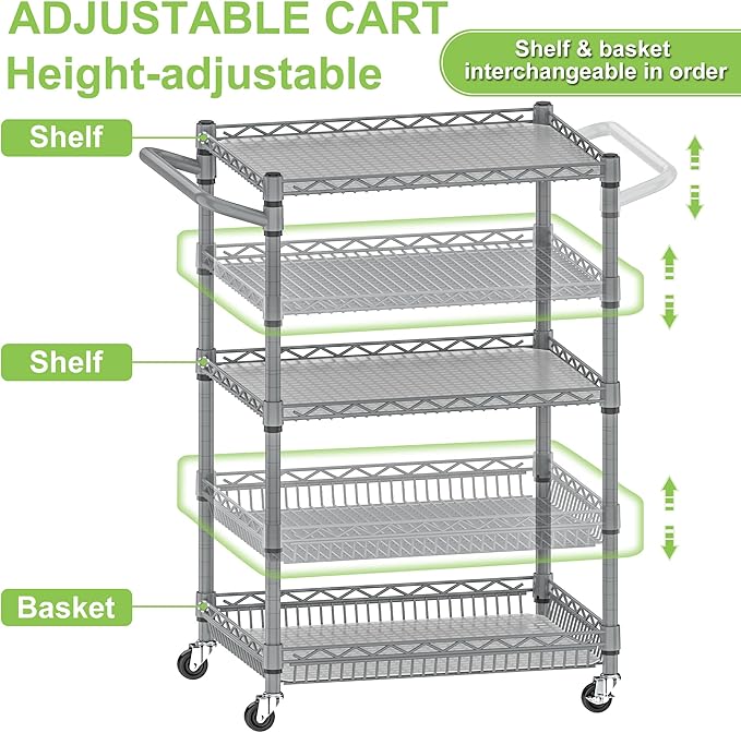 Metal Carts with Wheels, 3 Tier Rolling Utility Carts with Storage, Steel Wire - Image 3