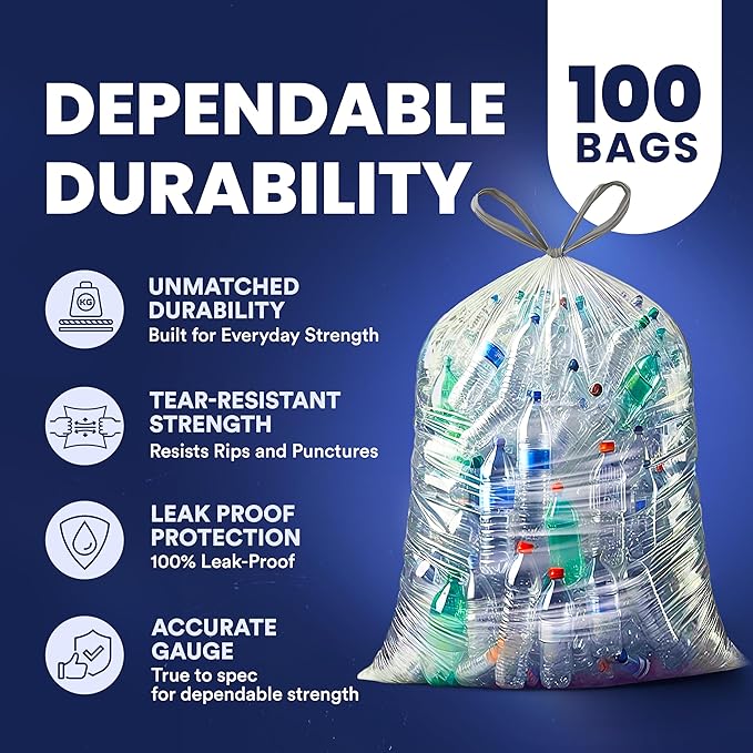 Plasticplace 32-33 Gallon Recycling Bags │ 0.9 Mil │ Clear Drawstring Garbage - Image 4