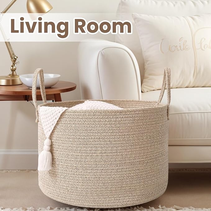 Woven Blanket Basket, 65L Large Rope Storage Bin - Image 5