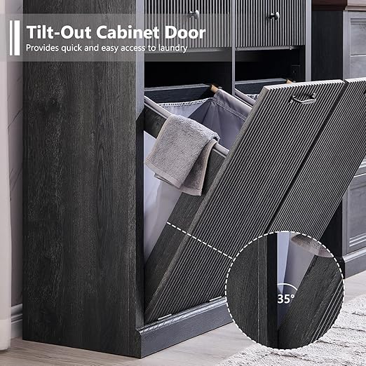 Modern Double Tilt-Out Trash Cabinet, 20 Gallon Fluted Laundry Hamper Cabinet - Image 7