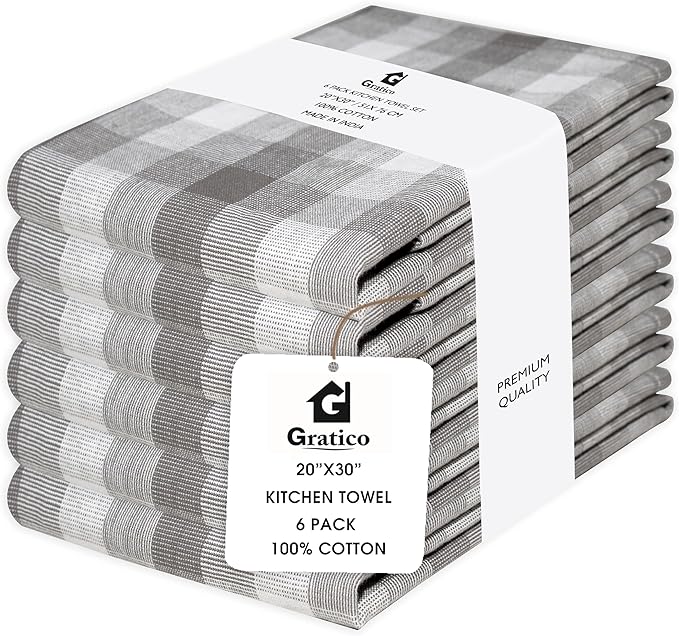 Kitchen Towels Set of 6 Grey/White Checks 20x30 Inches 100% Cotton Highly by Gratico