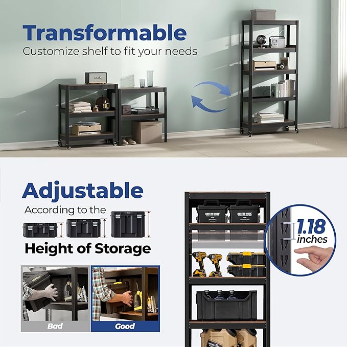 HOMEDANT House 5-Tier Metal Rolling Cart Shelf Rack Casters Heavy Duty Wheel - Image 7