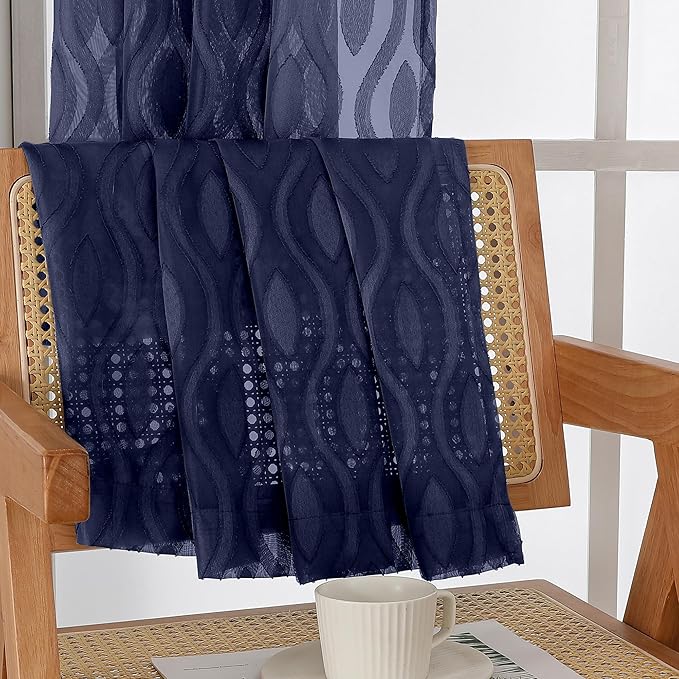 Aiyufeng Blue Valances for Windows, Chic Wavy Line Clip Jacquard Voile Sheer - Image 7