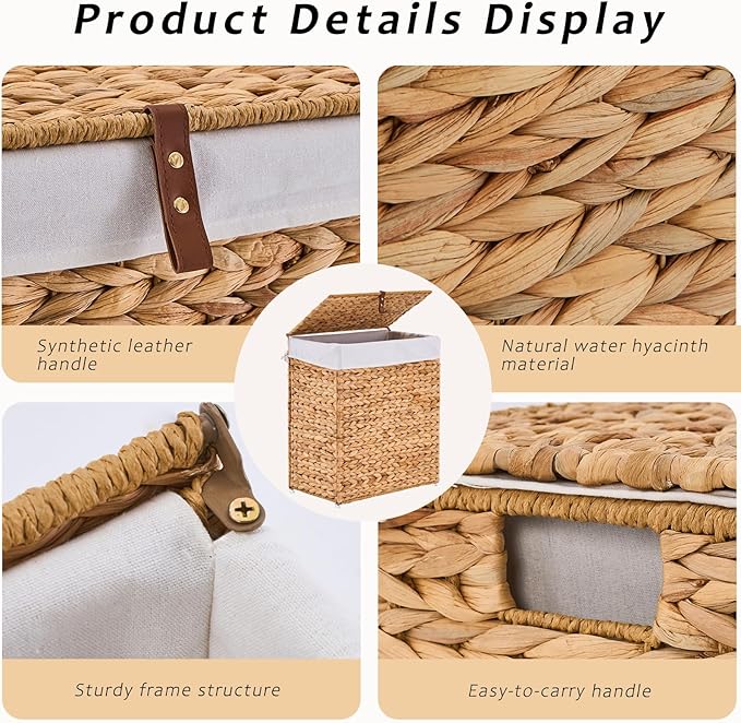 Handwoven Laundry Basket with Lid, Natural Water Hyacinth Storage Basket with - Image 7