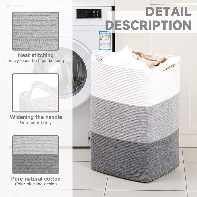 CLHMILY&Z 95L Laundry Basket Rectangular Grey Rope - Image 6
