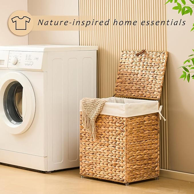 Handwoven Laundry Basket with Lid, Natural Water Hyacinth Storage Basket with - Image 4