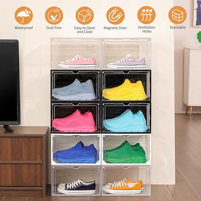 12 Pack Black Shoe Boxes Stackable, Large Shoe Storage Organizer - Image 5