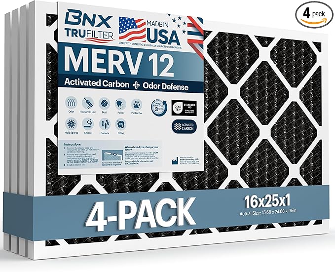 BNX TruFilter 16x25x1 MERV 12 Odor Defense AC Furnace Air Filter by BNX