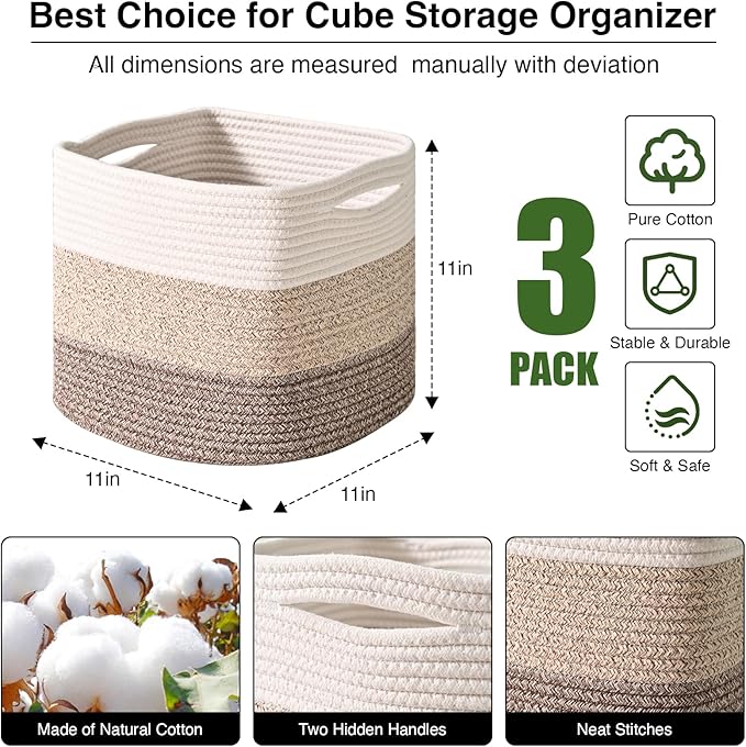 11 Inch Cube Storage Bins, Storage Cube Organizer Bins, Woven Cotton Rope - Image 2