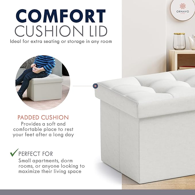 Ornavo Home Small Storage Ottoman Foldable Collapsible Rectangle Linen Ottoman - Image 6