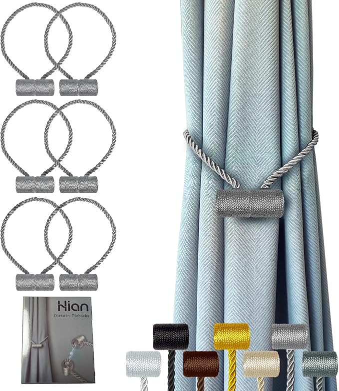 Hion Magnetic Curtain Tiebacks Grey 6 Pack, Curtain Tiebacks Buckles Holdbacks by Hion