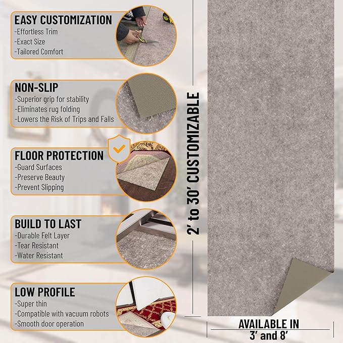 Ottomanson 5' x 8' Non-Slip Rug Pad Gripper 1/4 Inch Thick Dual Surface Felt + - Image 2