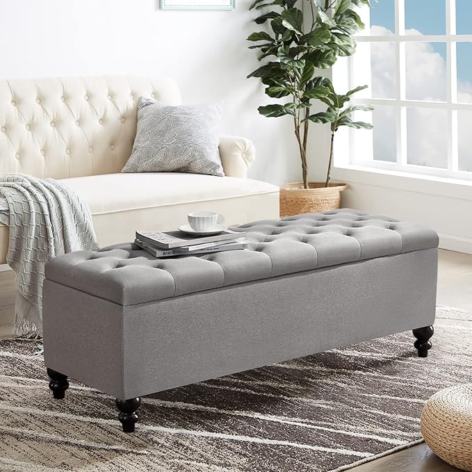 Storage Ottoman 50.2 Inches Upholstered Fabric Bench，Button Tufted - Image 9