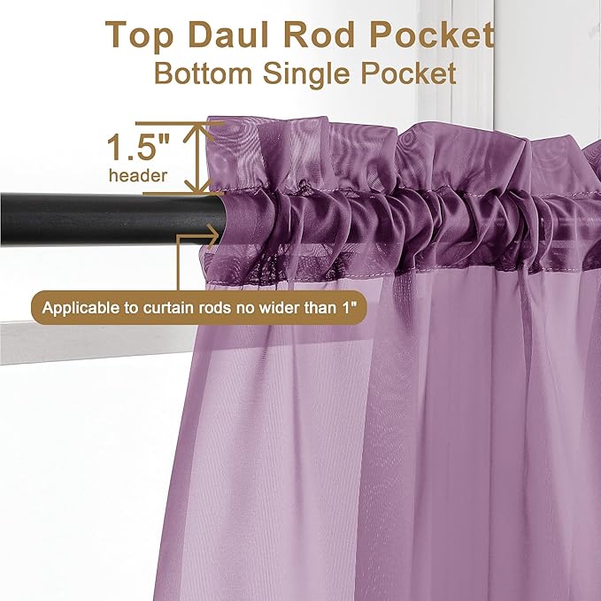 Chyhomenyc Plum Sheer Curtains 63 Inch Length 2 Panels, Rod Pocket Solid Window - Image 2