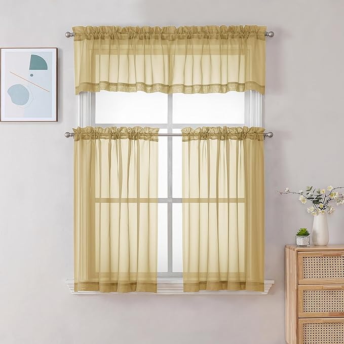 Chyhomenyc Gold Sheer Curtains 30 inch Length 2 Panels, Light Filtering Voile - Image 2