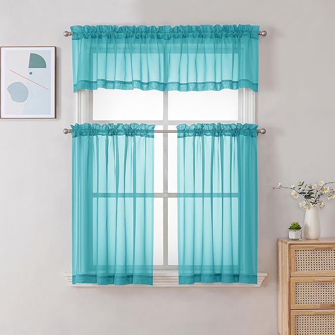Chyhomenyc Sheer Turquoise Tier Curtains 24 Inch Length, Small Window Curtains - Image 2