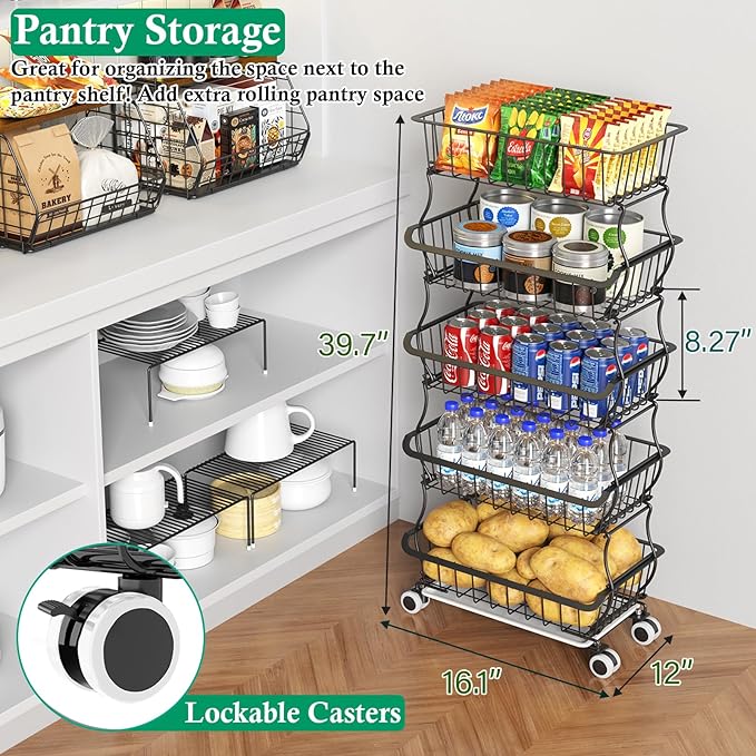 5 Tier Fruit Basket for Kitchen, Stackable Bins Wire Rack - Image 2