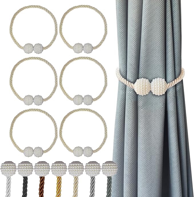 Hion Magnetic Curtain Tiebacks Beige 6 Pack, Curtain Tiebacks Buckles Holdbacks by Hion