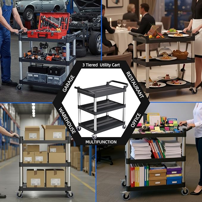 Plastic Utility Carts with Wheels, 3-Tier Rolling Service Cart, 300 lbs Heavy - Image 6