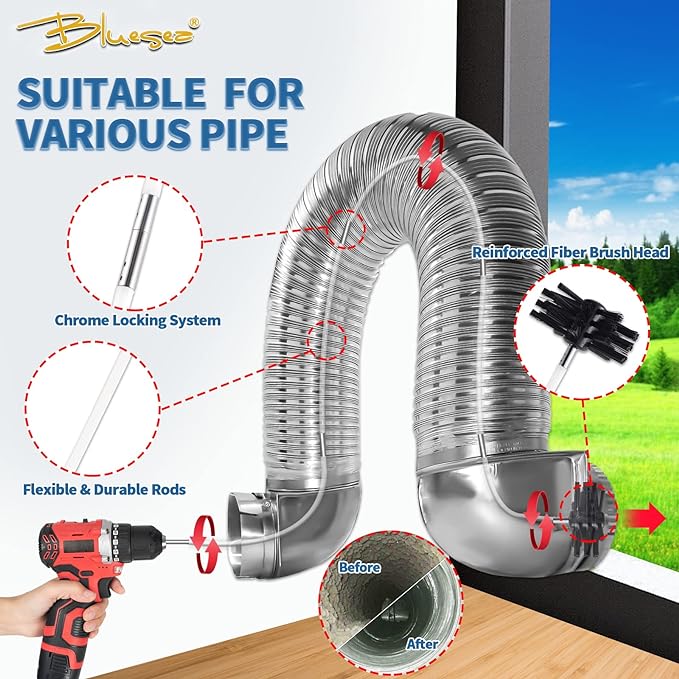 Bluesea 7 Pieces 40 Feet Dryer Vent Cleaner Kit, Reinforced Nylon Dryer Vent - Image 2