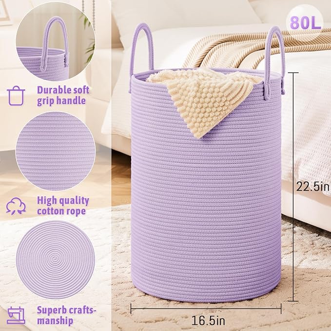 Laundry Basket, Woven Cotton Rope Laundry Hamper, 80L - Image 6