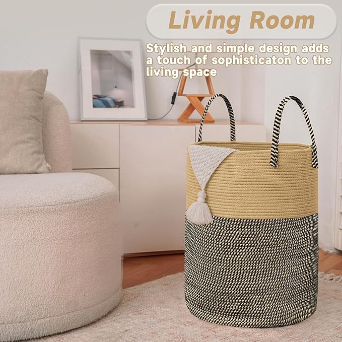 Large Woven Laundry Basket Hamper, 80L Cotton Rope Storage Bin - Image 3