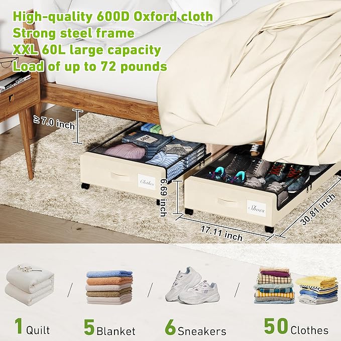 Under Bed Storage with Wheels, Under the Bed Storage Containers with Clear Lids - Image 2