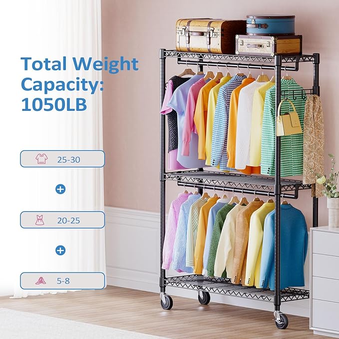 IZEUK 3 Tier Heavy Duty Rolling Garment Rack Wire Clothes Rack - Image 6