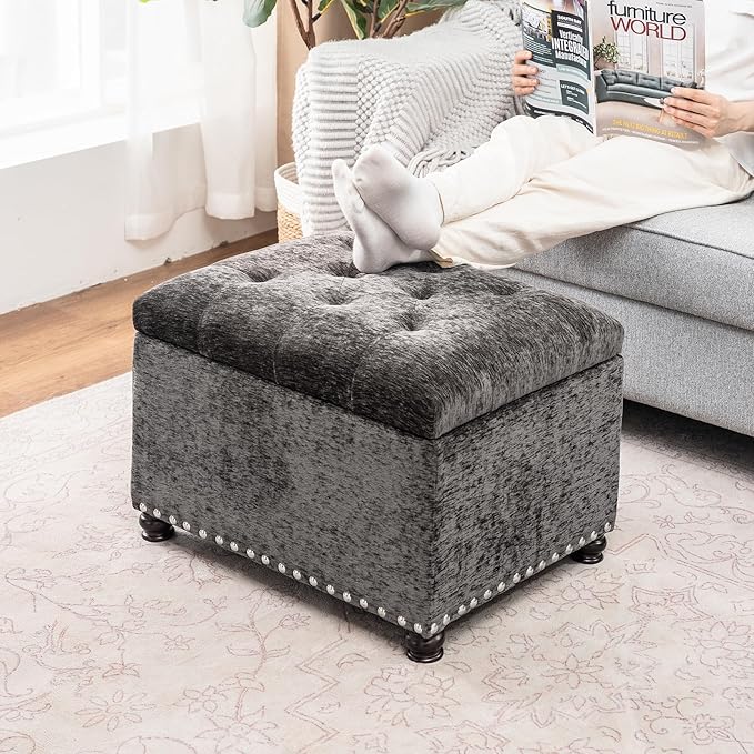 Joveco Storage Ottoman Bench, Rectangle 24" Velvet Foot Rest Stool Square - Image 5