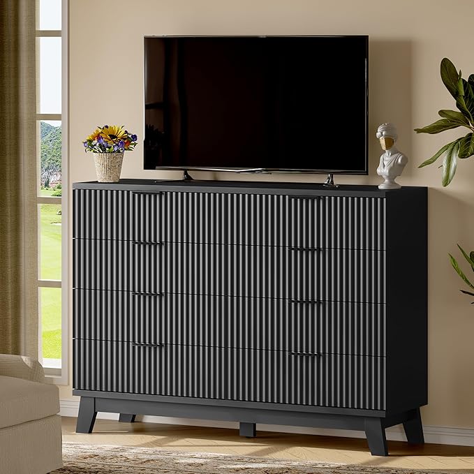 Fluted Dresser with 8 Drawers, Wooden Dresser TV Stand, Wood Closet Clothes - Image 7