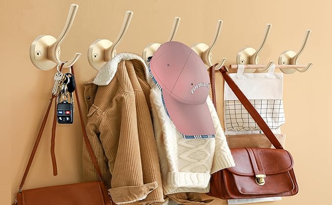 Gold Wall Hooks, 6 Pack Coat Robe Hook Heavy Duty Metal Double Bath Hook Wall - Image 2