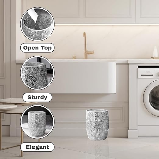 Escenzy Modern Bathroom Trash Can Silver Mosaic Glass 5L | 7" x 10" | Luxury - Image 2