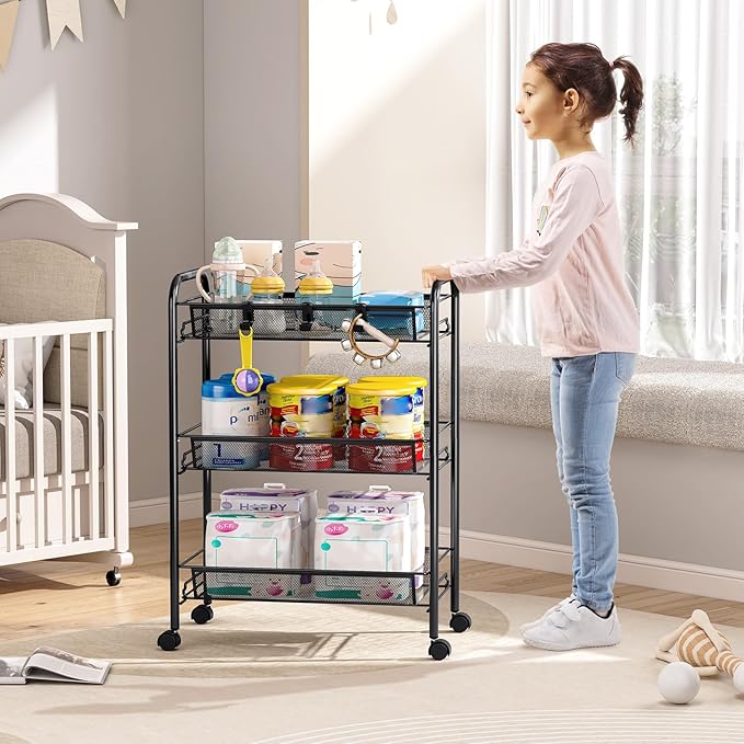 TOOLF 3-Tier Metal Rolling Cart, Mesh Wire Easy Assemble Utility Cart, Storage - Image 8
