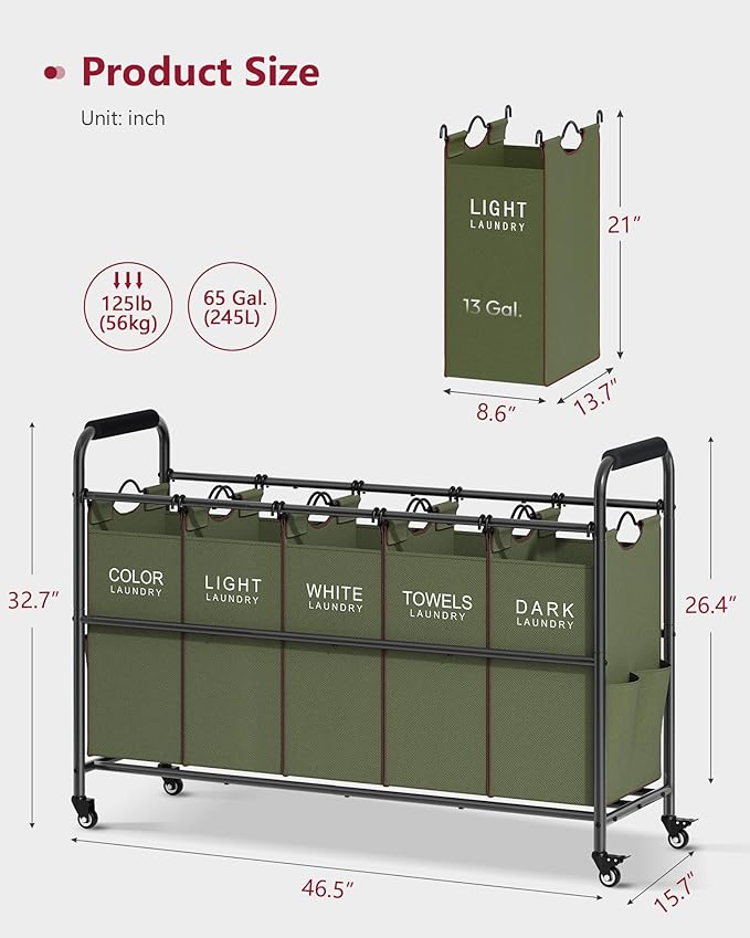 Tajsoon 5 Sections Laundry Sorter, Laundry Hamper - Image 7