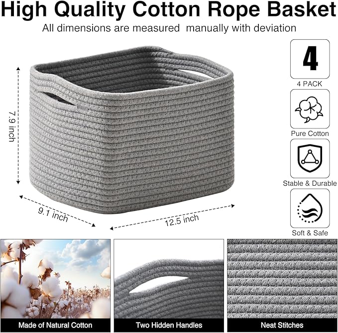 Small Storage Baskets for Shelves Organizing, Woven Cotton Rope Baskets for - Image 3