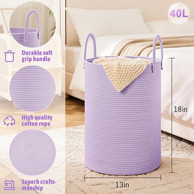 Laundry Basket, Woven Cotton Rope Laundry Hamper, 40L - Image 6